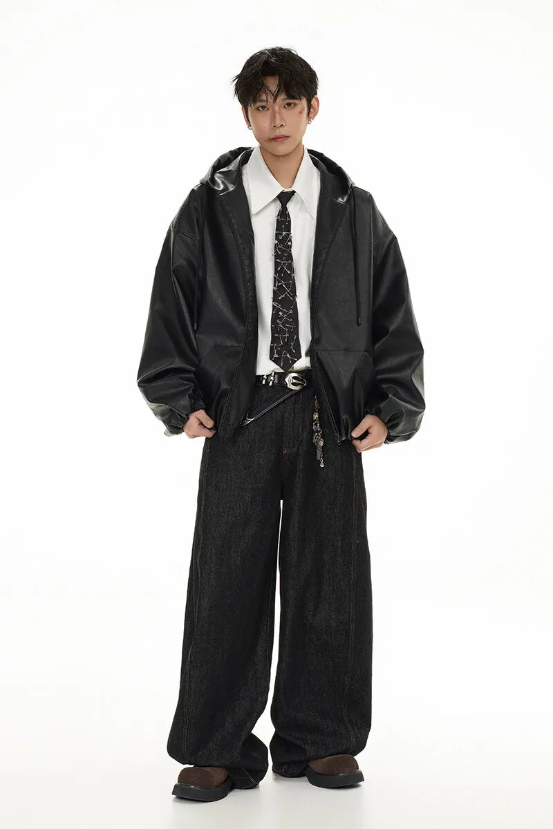 leather varsity jacket, layered style, men's streetwear fashion, trendy oversized fit, urban techwear design, modern hip hop 