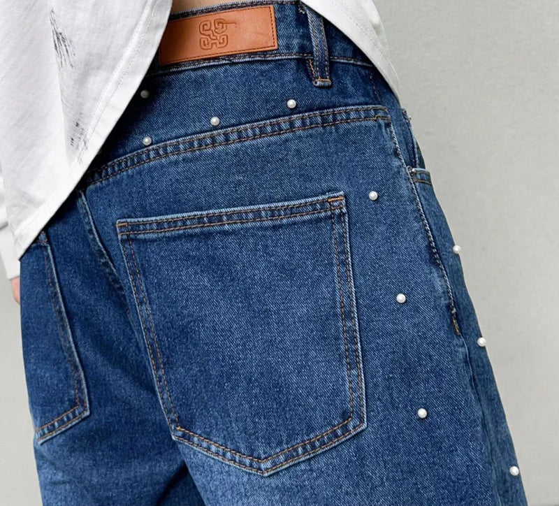 men bead streetwear fashion hip hop vibe loose casual wide leg straight denim jeans baggy pant man boyfriend jeans trousers unique jeans style 2989