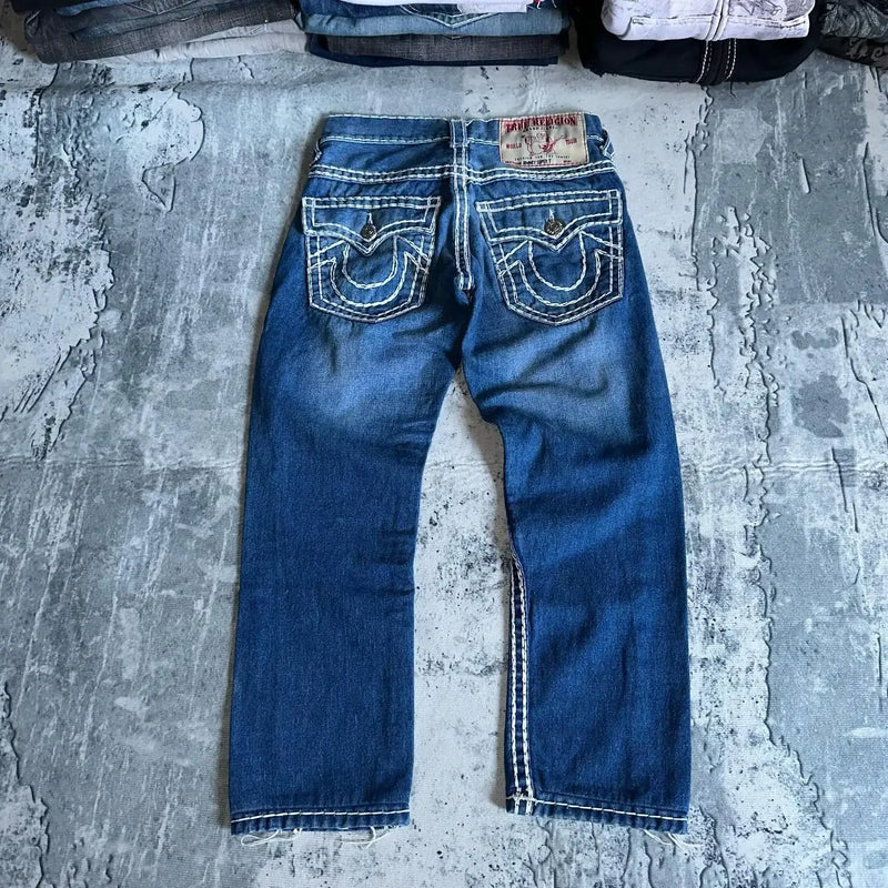 true religion vintage hip hop street leisure denim pants y2k gothic fashion embroidered straight leg wide leg jeans men clothing unique jeans style 4777