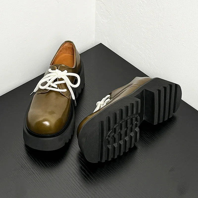 Men Genuine Leather Streetwear Fashion Casual Real Derby Shoes Male Vintage Japan Korean Cityboy Cow Leather High Heels Shoes