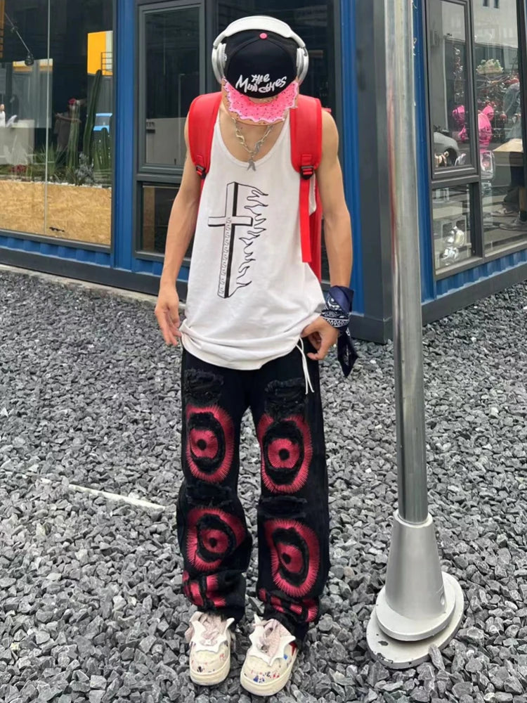 fashion ripped holes denim jeans harajuku embroidery straight jean trousers y2k trouser unisex hip hop streetwear jeans pants stacked flare jeans