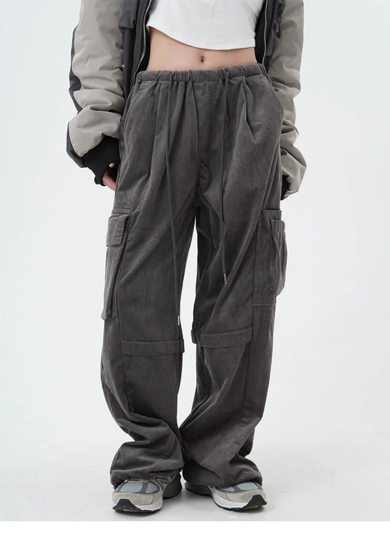 women high street corduroy pants casual elastic waist side pocket loose straight pant unisex hip hop y2k loose streetwear jogger unique joggers style 2359