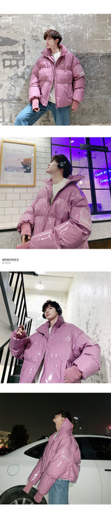 Winter Jacket Men Parkas Thicken Warm Coat Stand Collar Oversize Parkas Bright Leather Fabric Jacket Korean Style Padded Coat