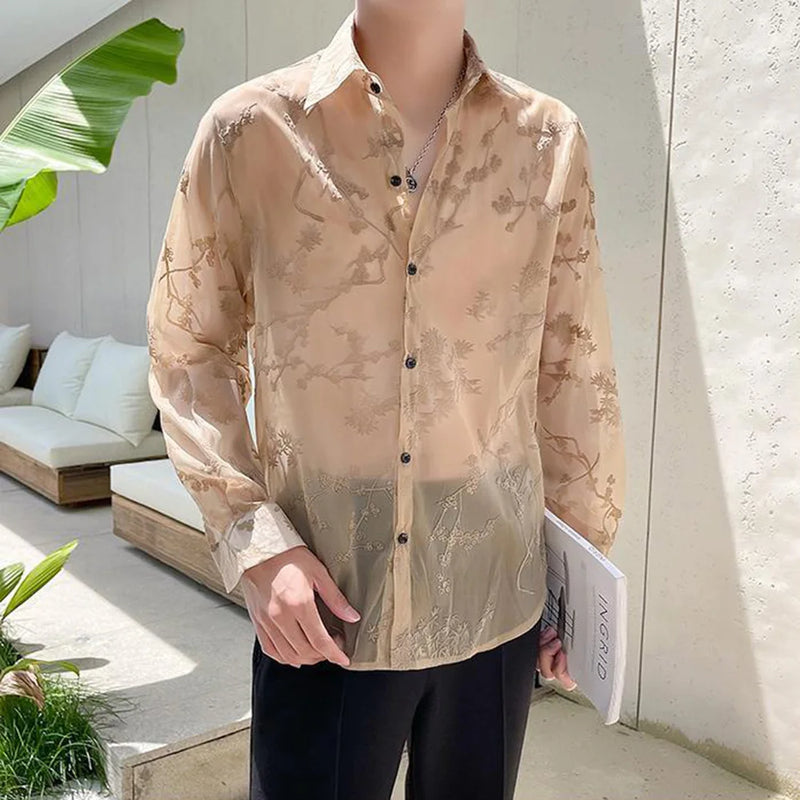 Mens Shirt Semi Transparent Exquisite Bamboo Plum Jacquard Embroidery Pattern Shirt Light Weight Sensual Long Sleeve Tops Summer