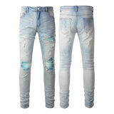 american style high street light blue ripped jeans mens pic slim fit stretch ripped skinny pants vintage washed jeans