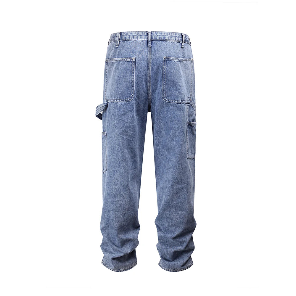 2024 new fashion blue pockets jeans for men and women streetwear casual cargo pants washed solid color denim trousers oversized military streetwear pants