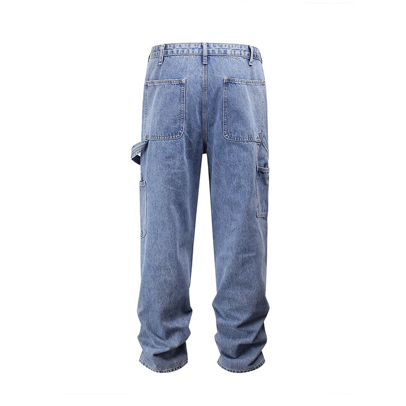 2024 new fashion blue pockets jeans for men and women streetwear casual cargo pants washed solid color denim trousers oversized military streetwear pants