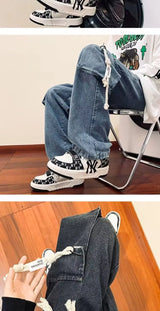 american retro and personalized straight leg jeans for men and women with hiphop big pocket design work pants loose casual pants unique jeans style 769