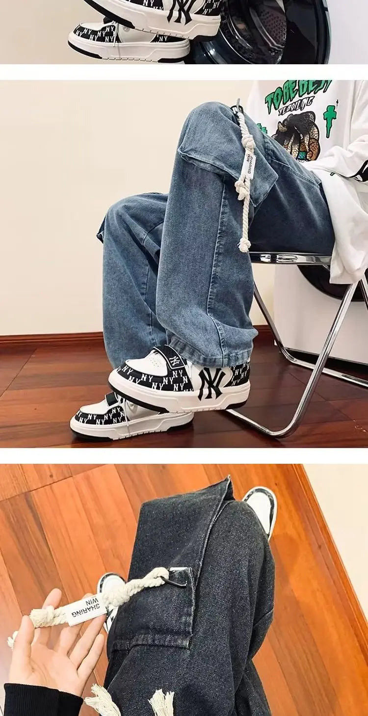 american retro and personalized straight leg jeans for men and women with hiphop big pocket design work pants loose casual pants unique jeans style 769