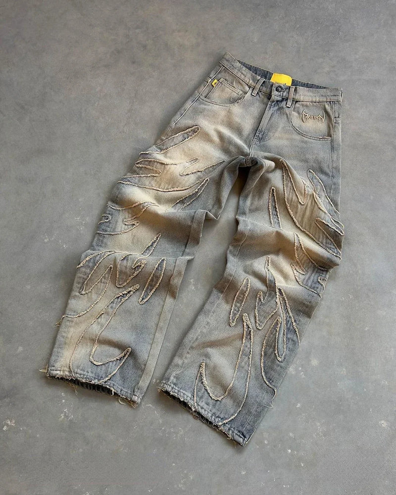 new hot selling ripped raw edge embroidered denim trousers retro harajuku baggy jeans y2k men women hip hop punk casual pants unique jeans style 843