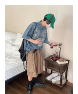 Retro embroidered denim shirts for men and women in summer loose Hong Kong style distressed short-sleeved Polo collar couple top