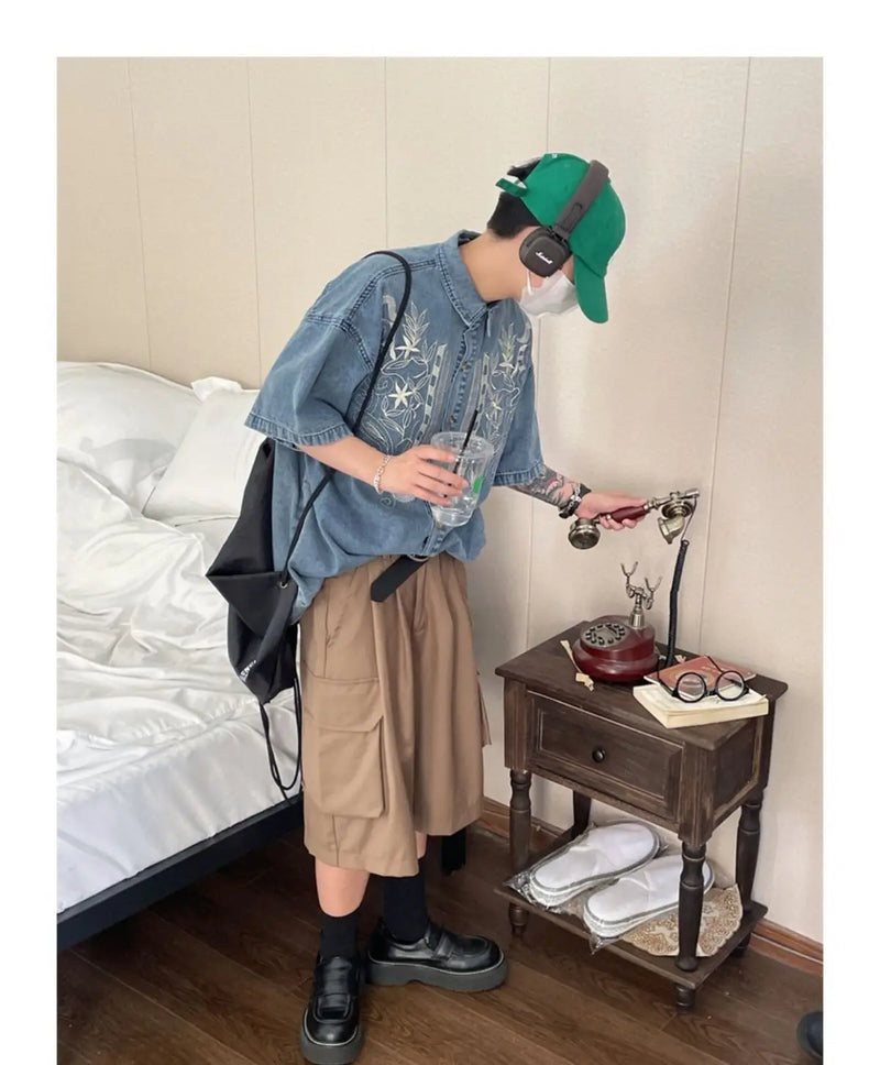 Retro embroidered denim shirts for men and women in summer loose Hong Kong style distressed short-sleeved Polo collar couple top