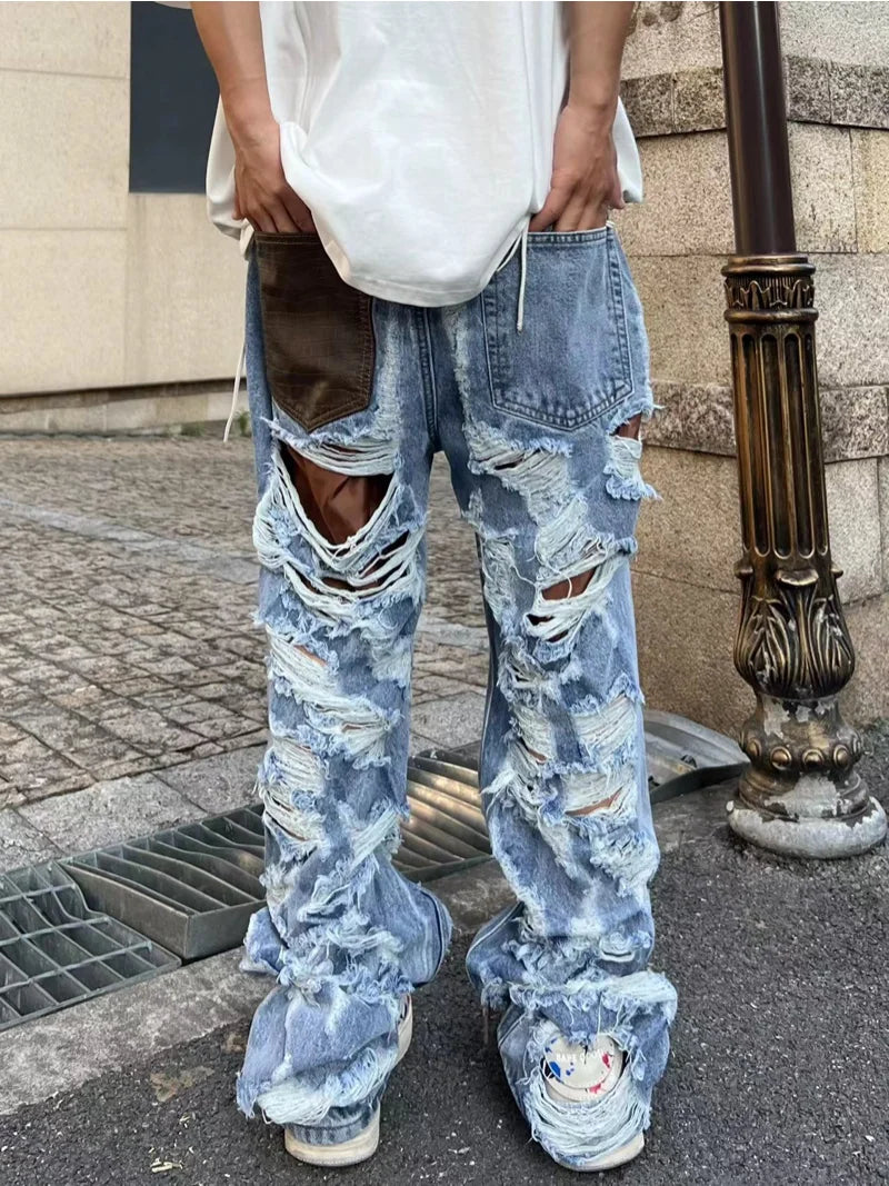 destroy ripped holes front letters embroidery denim jean pants men casual harajuku jean trouser hip hop streetwear pants joggers streetwear sweatpants