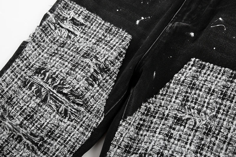 black white checkered patchwork straight leg denim trousers men hip hop splashed ink logging pants jeans slim fit washed torn unique jeans style 565