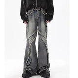 high street jeans mens spring autumn rough edge splicing design trendy denim pants multiple pockets punk cowboy flared trousers denim street jeans