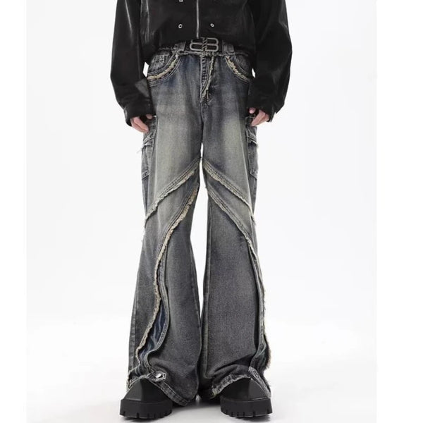 high street jeans mens spring autumn rough edge splicing design trendy denim pants multiple pockets punk cowboy flared trousers denim street jeans