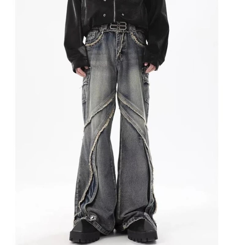 high street jeans mens spring autumn rough edge splicing design trendy denim pants multiple pockets punk cowboy flared trousers denim street jeans