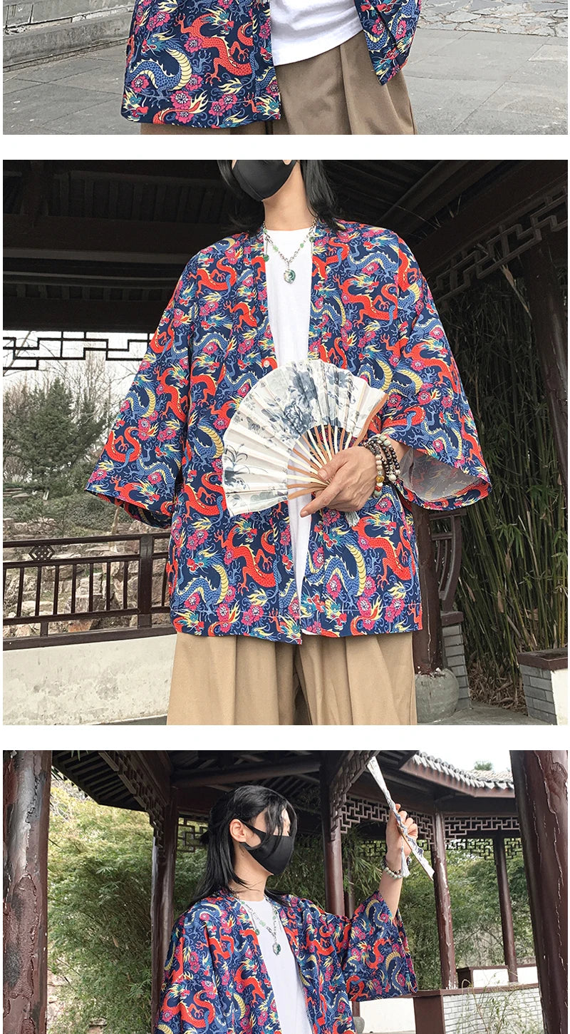 Japanese Style Men's Lightweight Kimono Jacket Dragon Print Kimono Cardigan New Arrival Street Shirt Harajuku Kimono Couple Tops