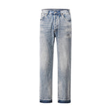 kanye west heavy industry high street jeans straight tube washed knives cut ground edges sagging jeans pants holes for men unique jeans style 2024