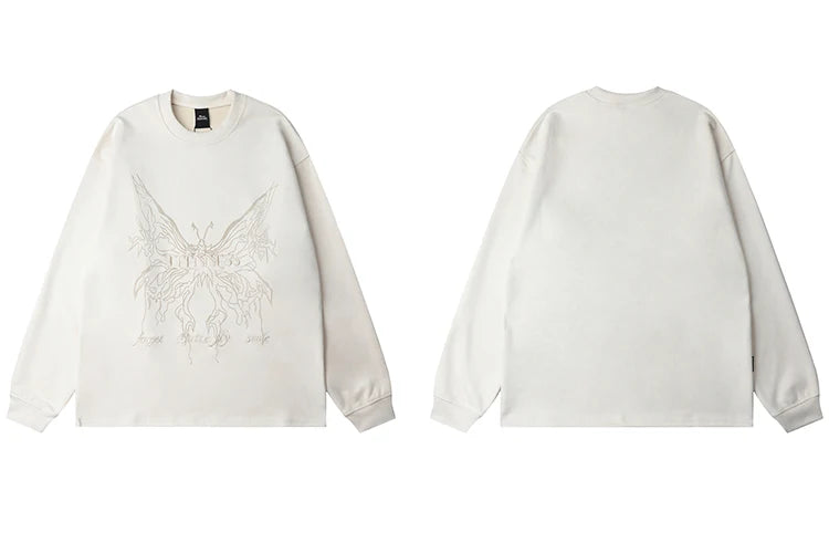 Men Suede Sweatshirt Streetwear Butterfly Monster Embroidery Harajuku