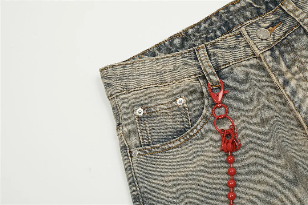 red chain pendant washed vintage jeans men women streetwear fashion hip hop loose casual wide leg denim jeans pants trousers unique jeans style 1474