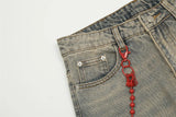 red chain pendant washed vintage jeans men women streetwear fashion hip hop loose casual wide leg denim jeans pants trousers unique jeans style 1474