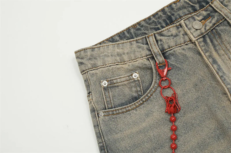 red chain pendant washed vintage jeans men women streetwear fashion hip hop loose casual wide leg denim jeans pants trousers unique jeans style 1474
