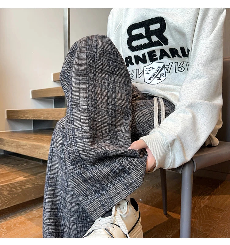 mens plaid pants baggy winter trendy fleece loose straight wide leg mopping trousers unisex thick velvet warm long pants unique default style 1121