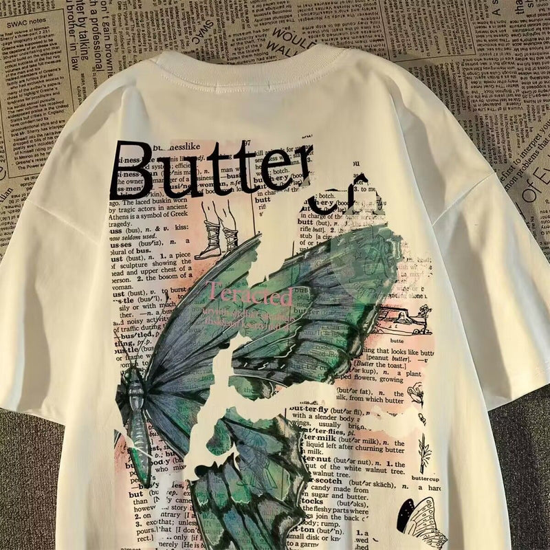 Trapwear Crying angel – American Retro Street Butterfly Print Graphic T Shirt Summer