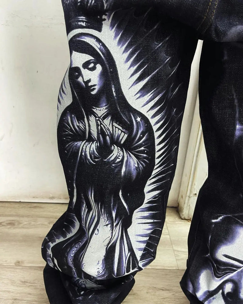 harajuku retro jeans religion watermark loose slouchy jeans men women y2k gothic skateboard pants streetwear hip hop jeans urban skinny jeans
