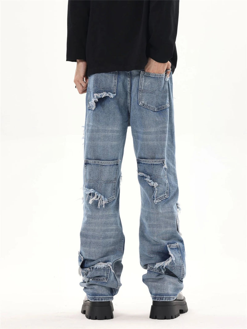2024 ripped jeans high street straight trousers destroyed hole baggy denim pants vintage retro hip hop unique jeans style 403