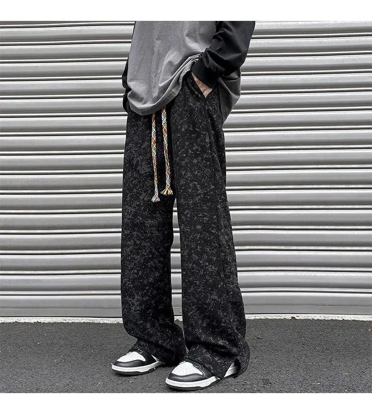 korean style waffle tie dye casual pants high street vibe pants men trendy brand colorful drawstring side slit straight trousers unique default style 2106