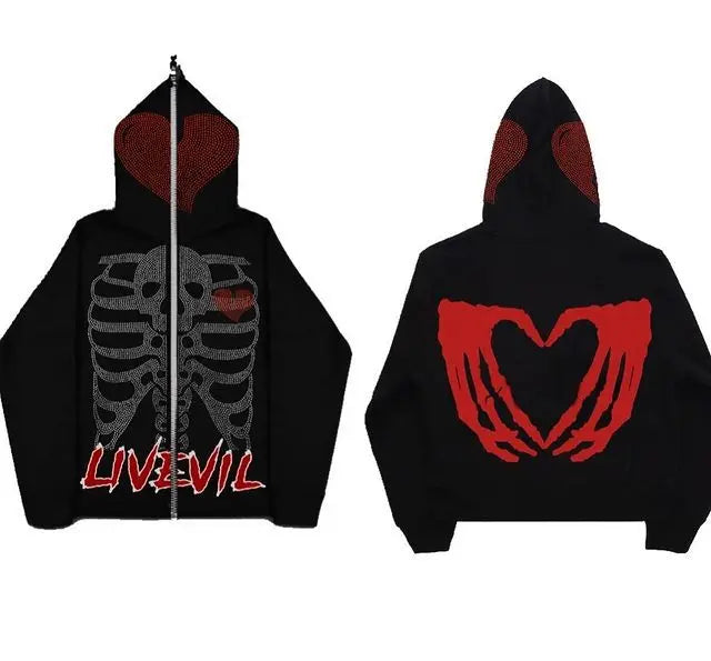 Autumn Winter Zipper Cardigan Skull Heart Shaped Embroidery New Hip Ho