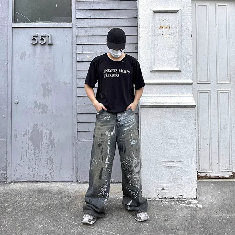 graffiti handdrawn damaged wash baggy jeans for men and women straight streetwear y2k denim trousers pantalones hombre cargos unique cargo style 1302