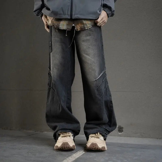 hip hop american trend retro straight leg washed denim jeans spring and autumn high street couple loose wide leg casual pants ripped baggy denim