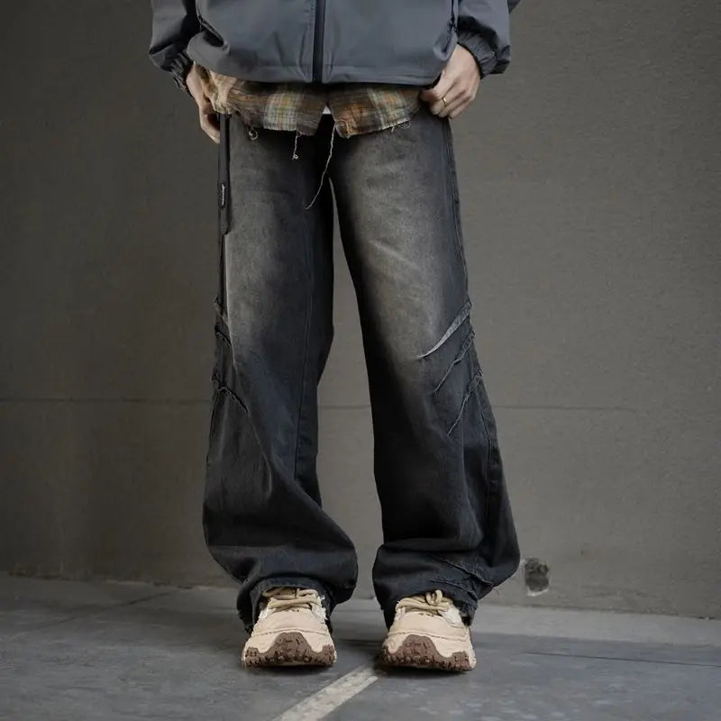 hip hop american trend retro straight leg washed denim jeans spring and autumn high street couple loose wide leg casual pants ripped baggy denim