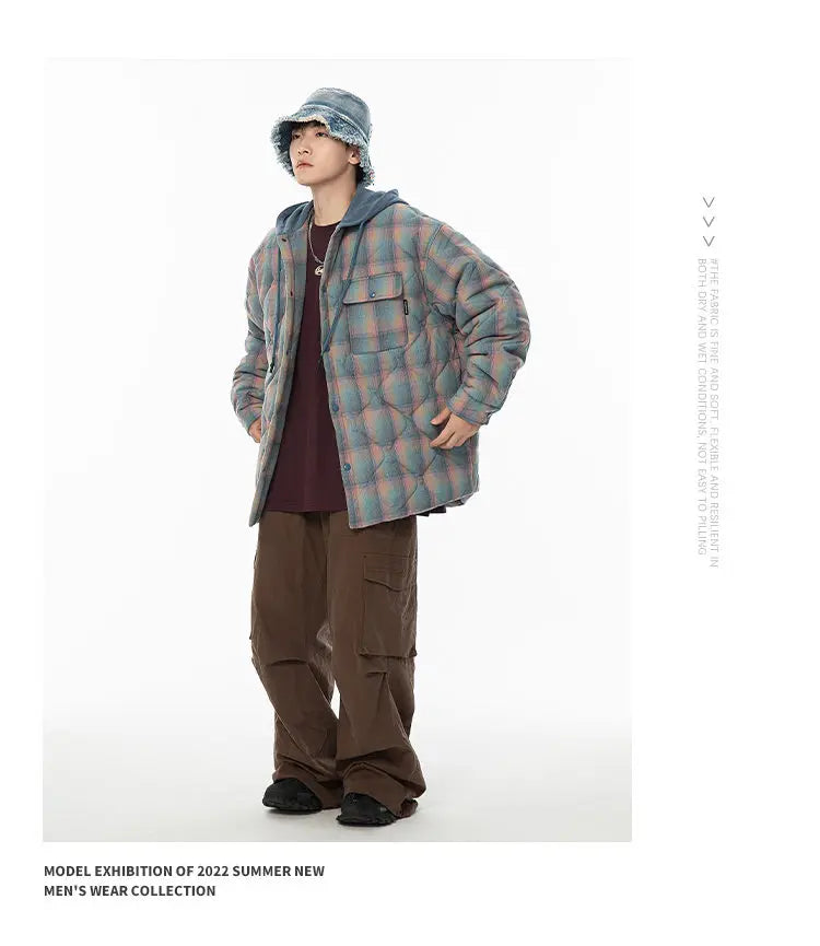 Winter Quilted Thick Plaid Hooded Jacket Men Wmen Streetwear Fashion Oversize Loose Casual Hoody Jacket Padded-cotton Parka Coat