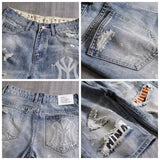 Men's Denim Shorts With Holes Washed Korean Style Straight Quarter  Patch Casual Jeans