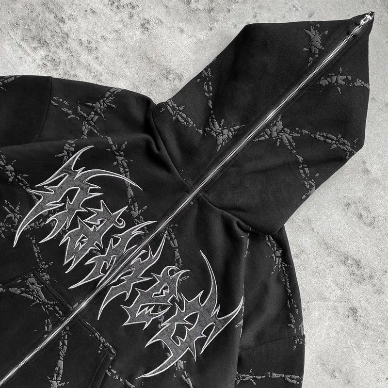 2024 European and American style loose men's zipper sweatshirt trend ins retro printed long-sleeved hooded jacket top