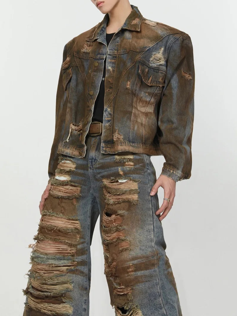 2 pieces sets mens dirty graffiti wide shouder denim jeans jacket coat and ripped holes wide legs pants joggers streetwear sets casual joggers