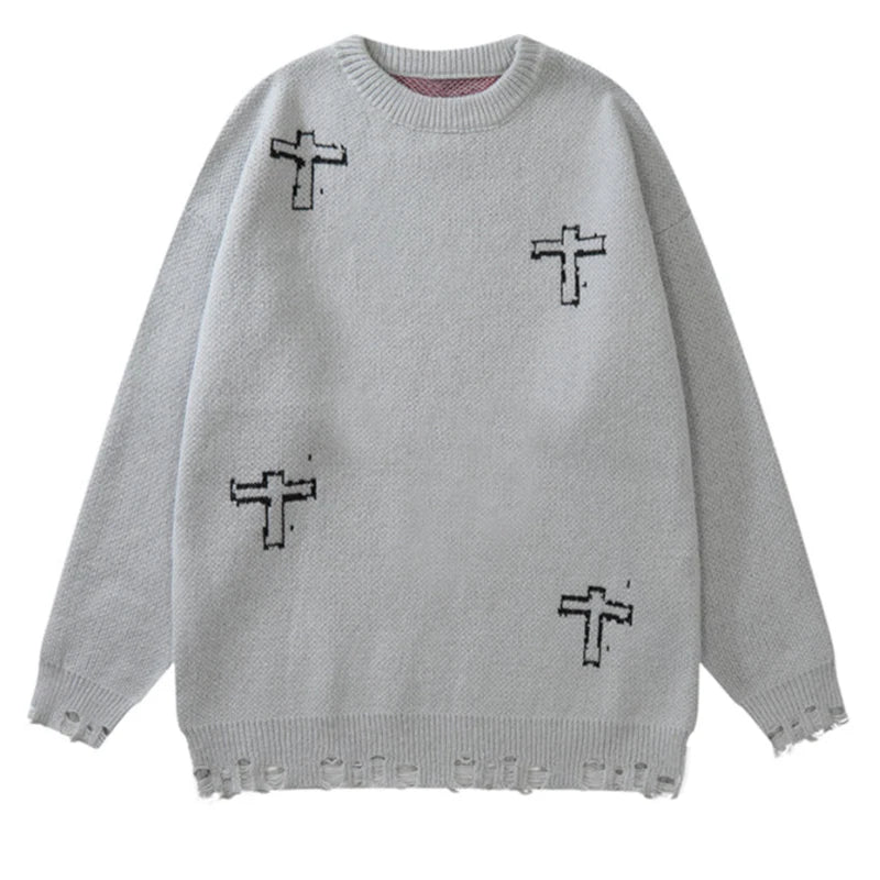 vintage sweaters y2k grunge streetwear hip hop ripped hole knitted cross punk gothic jumpers fashion harajuku casual pullover Y2K vintage urban hoodie, trendy hip hop style outerwear, aesthetic street look hoodie