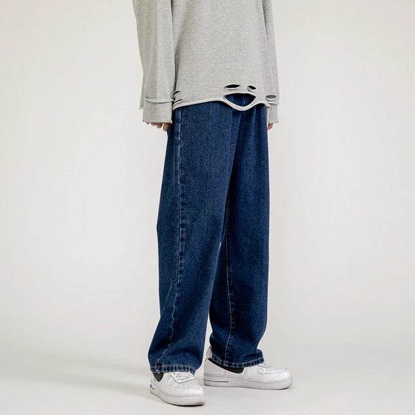 korean fashion mens baggy jeans classic all match solid color straight leg denim wide leg pants male light blue grey black vintage washed jeans