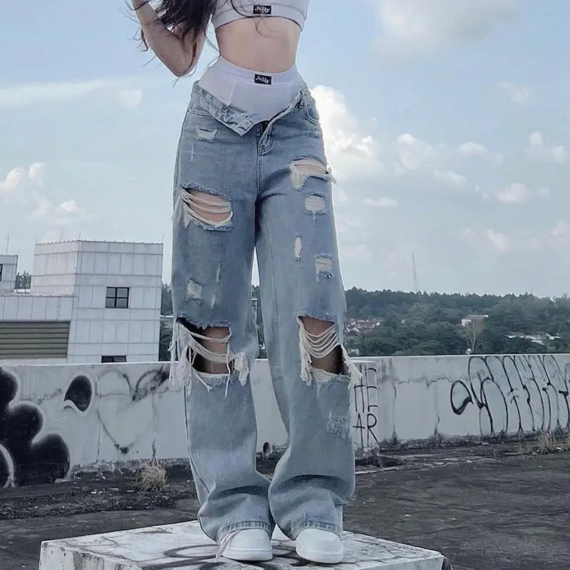 streetwear straight pants ladies ripped jeans mid waist loose wide leg pants ladies jeans y2k summer high street cargo pants unique cargo style 2735