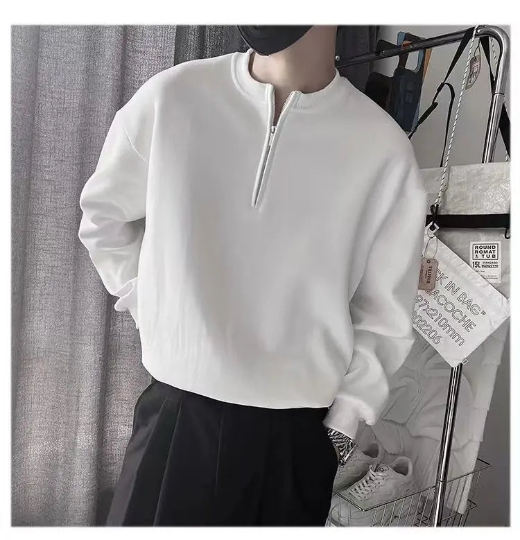 Spring Autumn Korean Casual Fashion Zipper Sweatshirt Man Business Loose All Match Male Pullover Tops Solid Streetwear Clothes