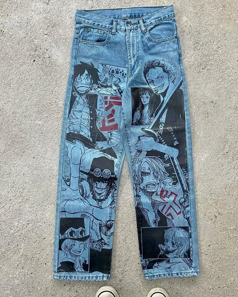 harajuku popular anime kokushibo print baggy jeans new style wide leg trouser y2k streetwear for men women high waist pants unique jeans style 4304