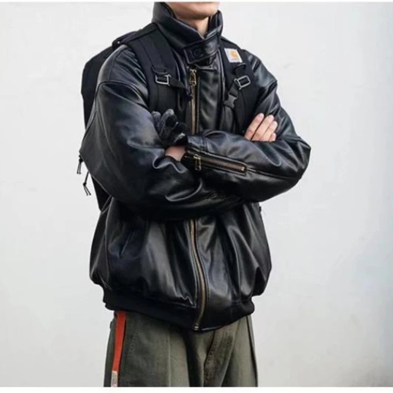 japanese street motorcycle set men thickened stand collar hip hop leather jacket harajuku casual pants 2 pcs bomber suit 2023 minimalist street pants