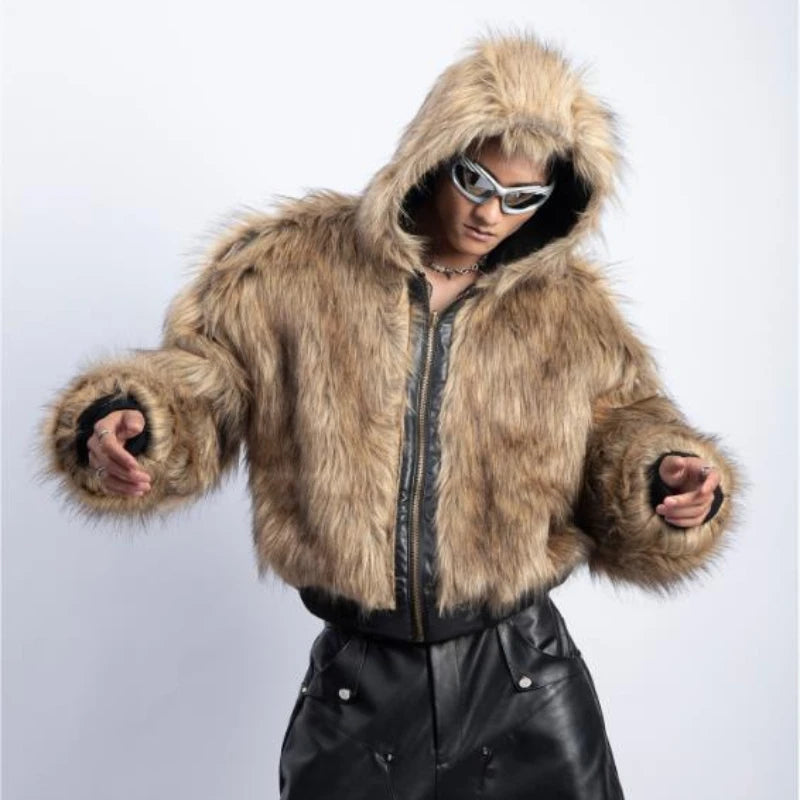 Integrated Fur Leather Men Cotton Jackets Thickened American High Street Motorcycle PU Leather Parkas Winter Couple Punk Outwear