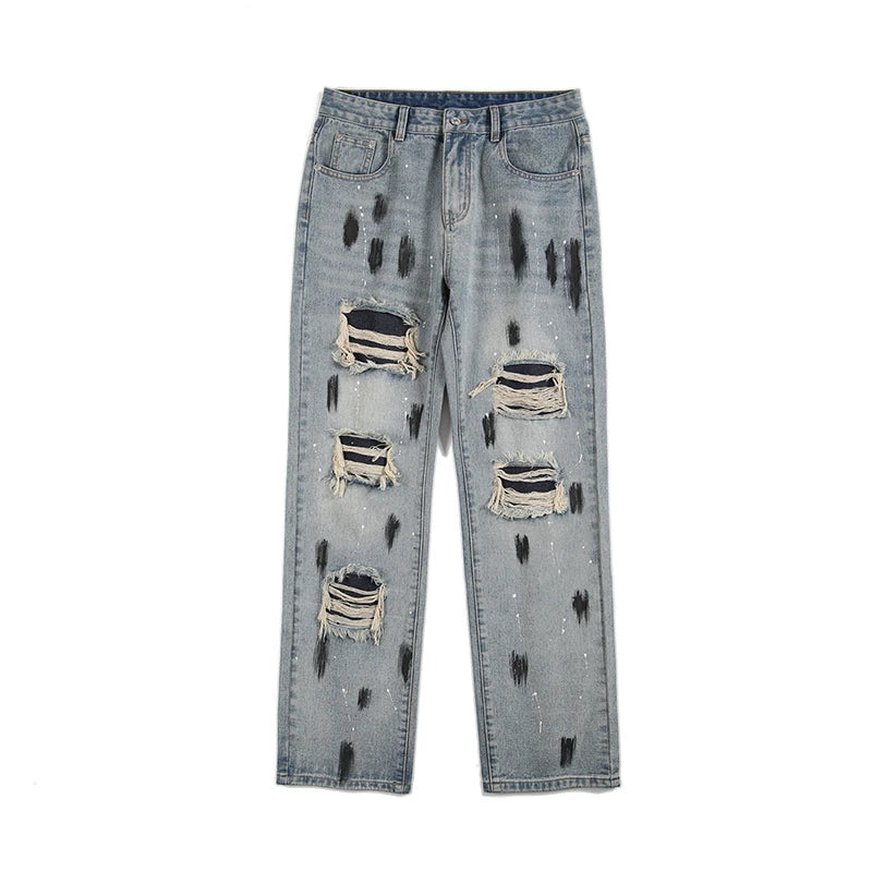 graffiti printed ripped destroied denim jean mens distressed biker jeans trousers new fashion high street straight pants joggers casual joggers