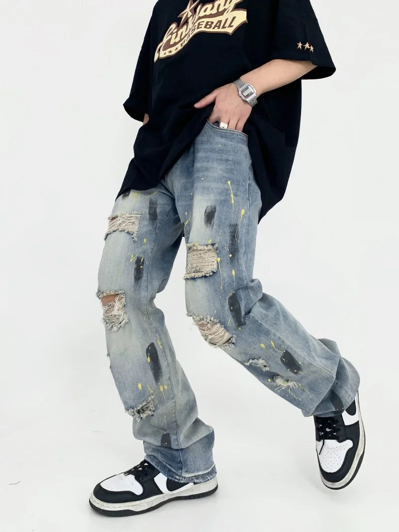 graffiti printed ripped destroied straight denim jean men hip hop distressed biker jeans fashion casual high street pants jogger urban active pants