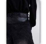 y2k retro washed splicing jeans for men new hip hop punk pu leather baggy jeans straight casual black denim trousers streetwear unique jeans style 668